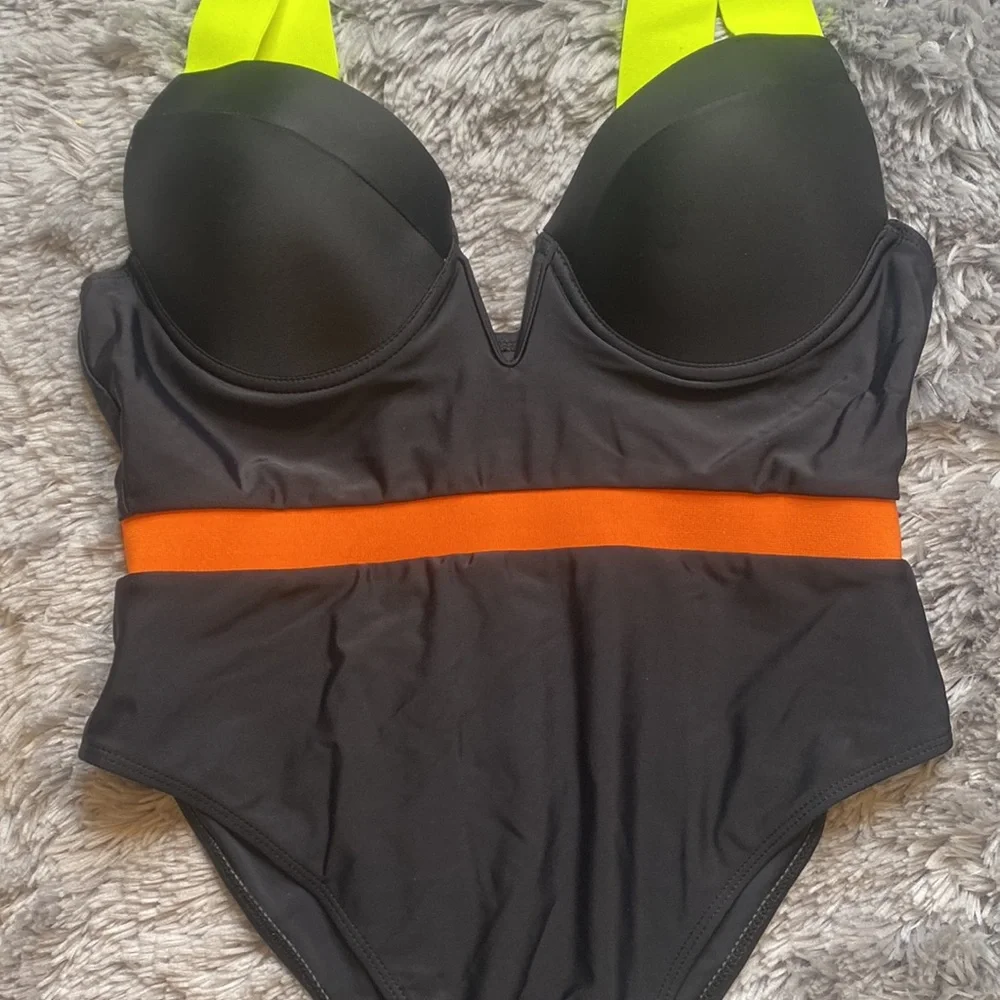 Shein Black Orange Neon Green Strap Swimsuit Size Large Excellent Condition - Picture 4 of 10